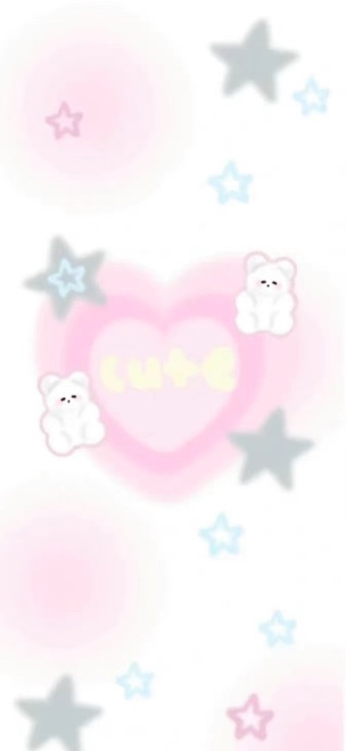 Two small white teddy bears on a soft background with pink hearts, pastel stars, and the word 'CUTE' in pale yellow.
