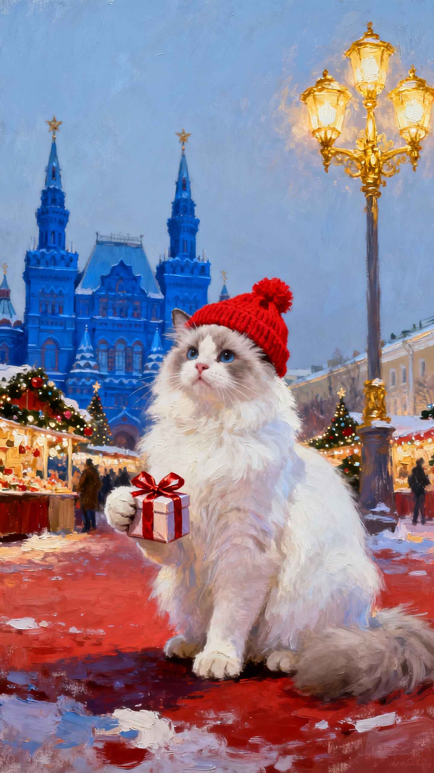 Gato de Navidad Óleo - Fondos para Celular