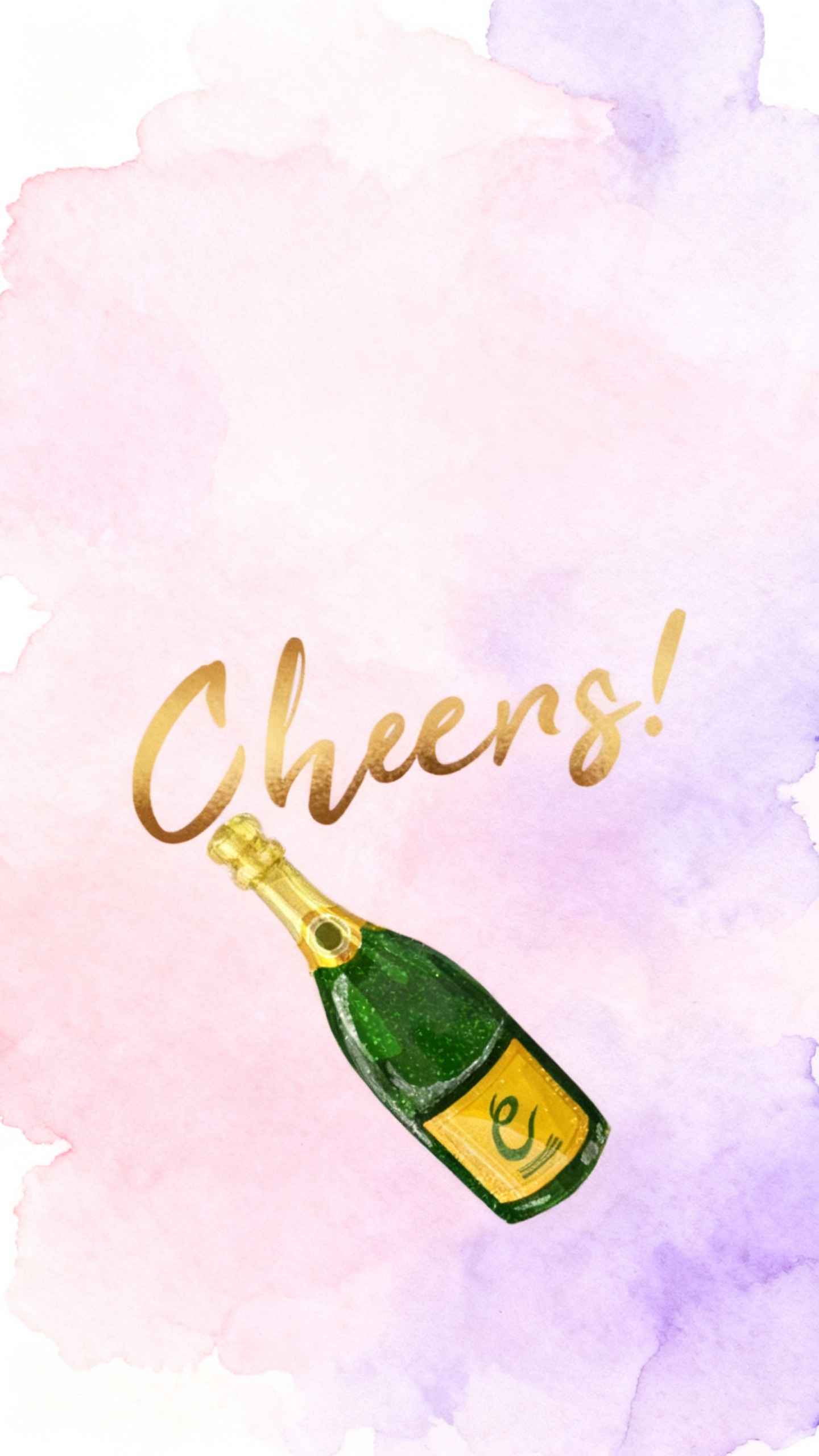 A watercolor illustration of a green champagne bottle with a gold label, positioned diagonally with the word 'Cheers!' written in gold script above it on a pink and purple pastel background.