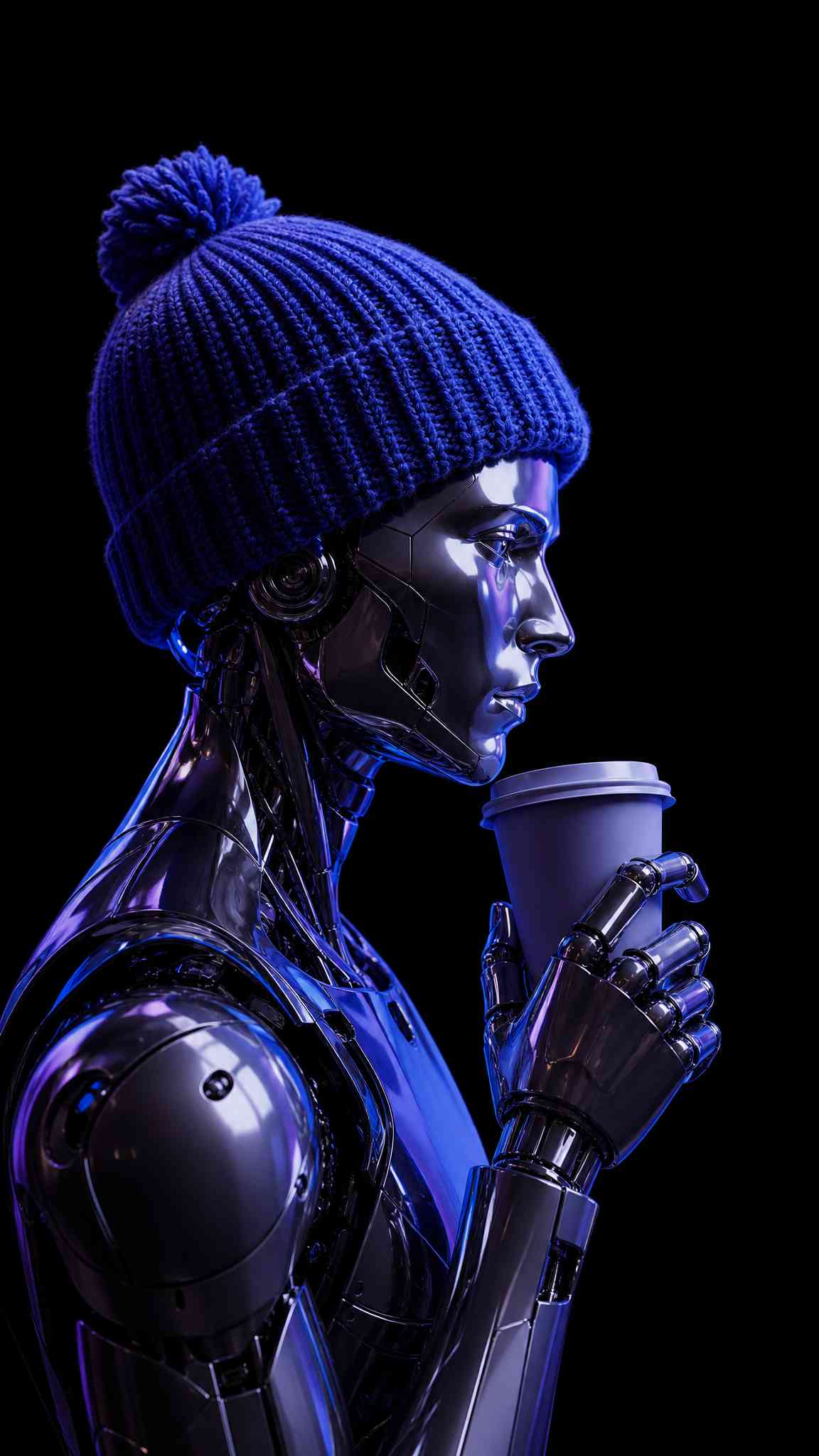 Cyber Robot with Coffee - 4K Phone Wallpaper