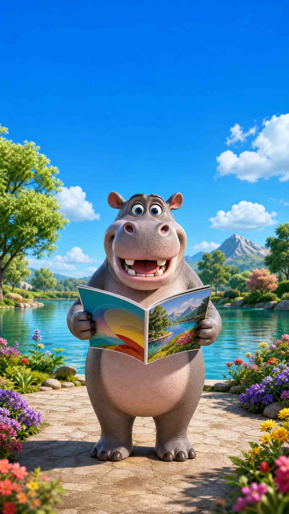 Happy Hippo Reading in Nature 4K Mobile Wallpaper