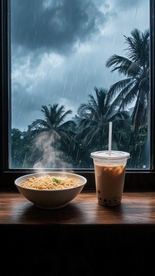 Instant Noodles and Milk Tea Rainy Day - 4K Background