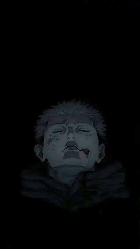 Animated illustration of Yuji Itadori from Jujutsu Kaisen with eyes closed and bruises, dark minimalist background.