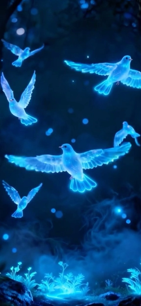 在黑暗森林中飛行的霓虹藍色鳥類與生物發光植物的動態插圖。