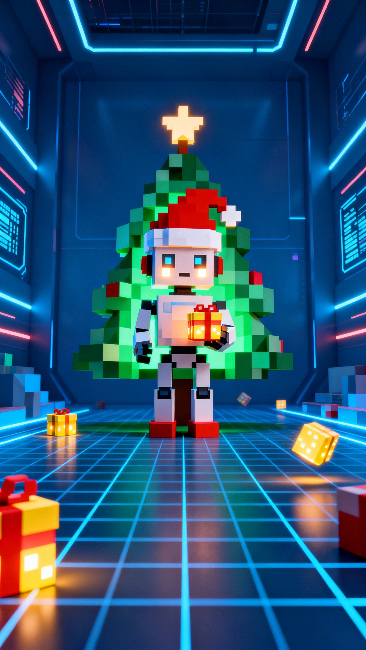 Weihnachts-Roboter Voxel Art - 4K Hintergrundbilder