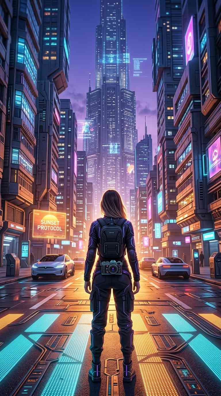 Chica en Ciudad Futurista - Fondos de Pantalla 4K