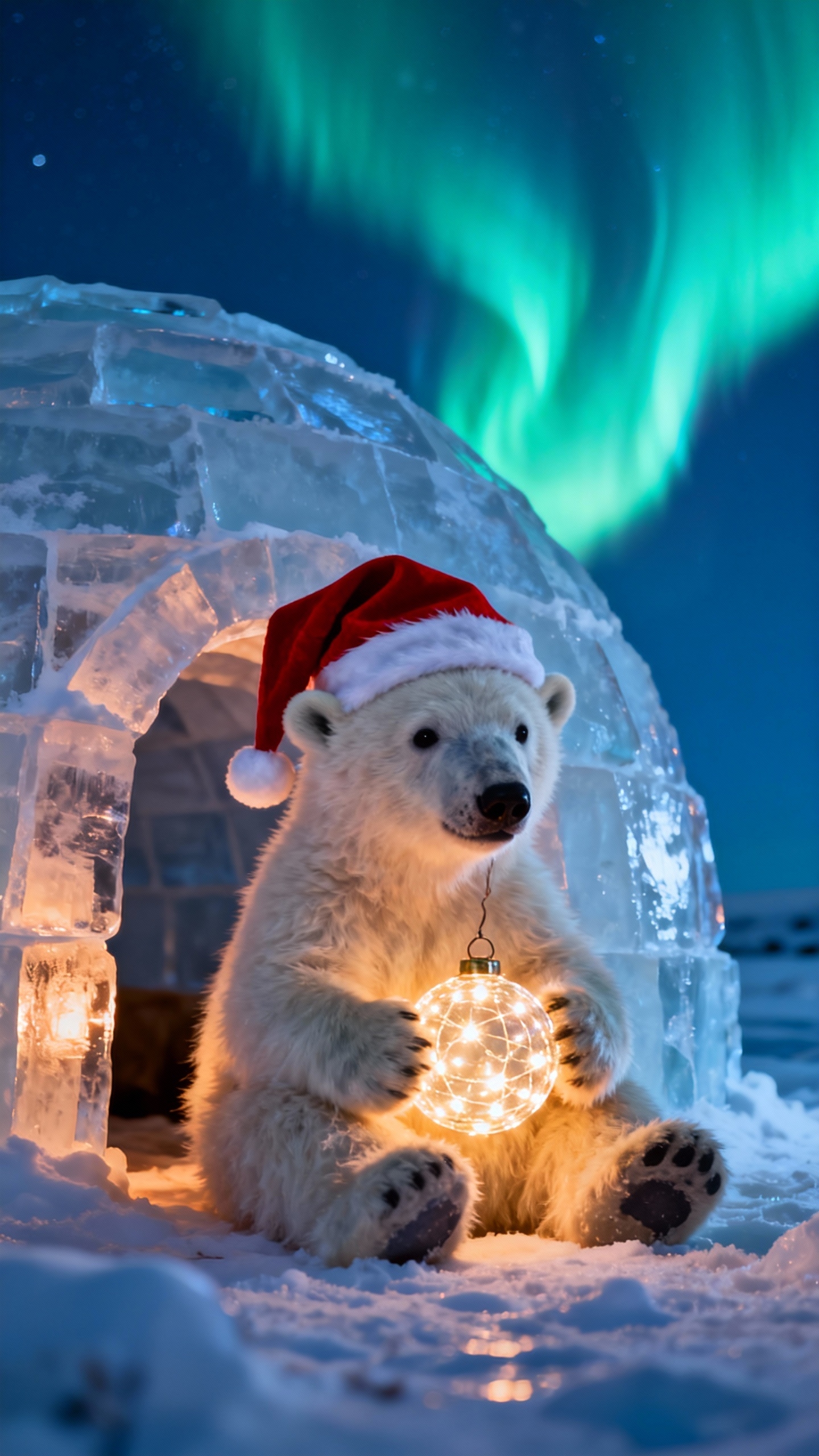 Ein flauschiges Eisbärenjunges mit Weihnachtsmütze sitzt vor einem Iglu, hält eine leuchtende Birne und im Hintergrund leuchten grüne Polarlichter.