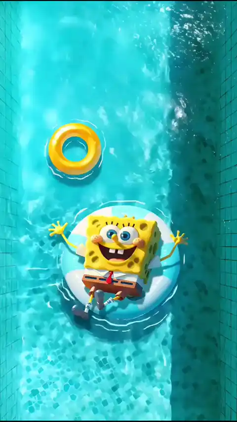 3D SpongeBob SquarePants floating on a blue and white inflatable ring in a sunny swimming pool with clear blue water ripples.