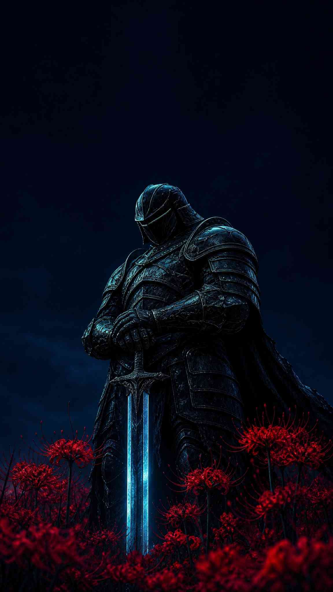 Dark Knight with Glowing Sword and Red Flowers 4K Wallpaper