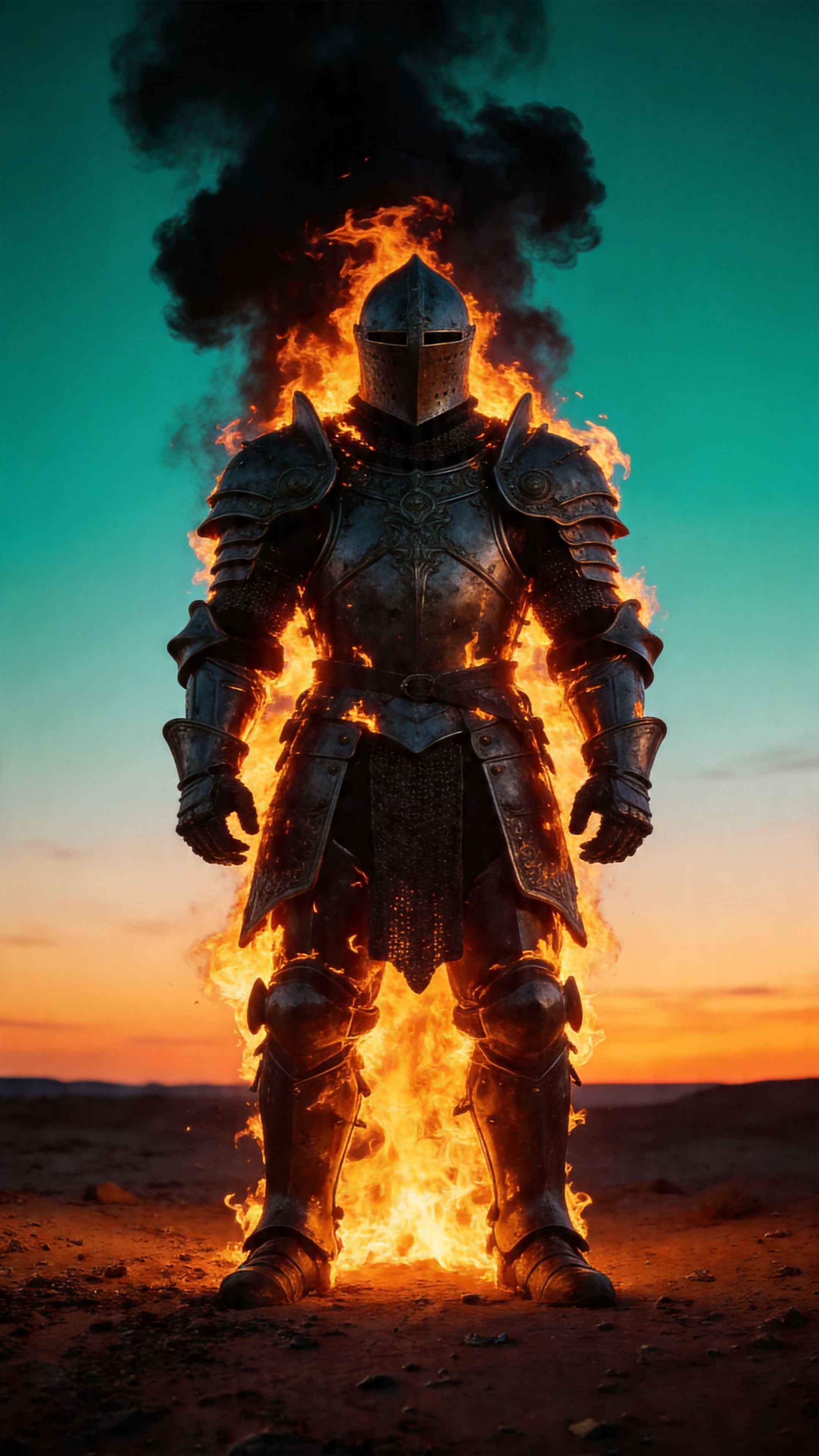 Burning Medieval Knight Armor - 4K Wallpaper