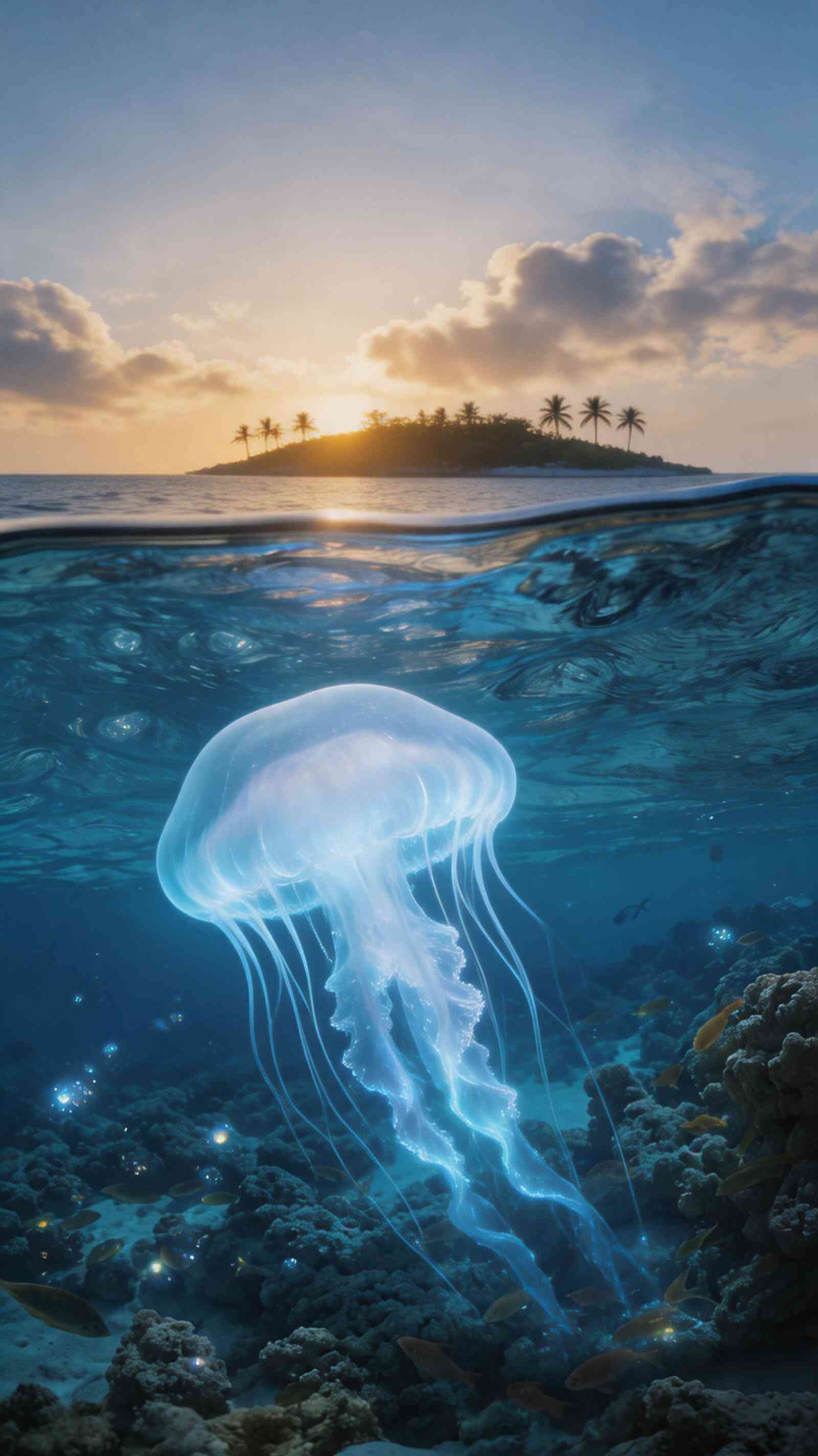 Bioluminescent Jellyfish & Tropical Island - 4K Wallpapers