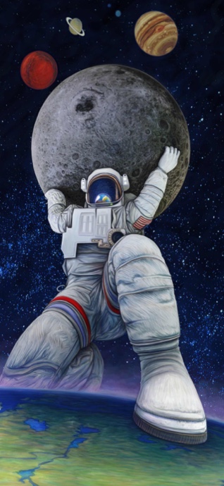 Astronaut Atlas Holding Moon - 4K Wallpaper