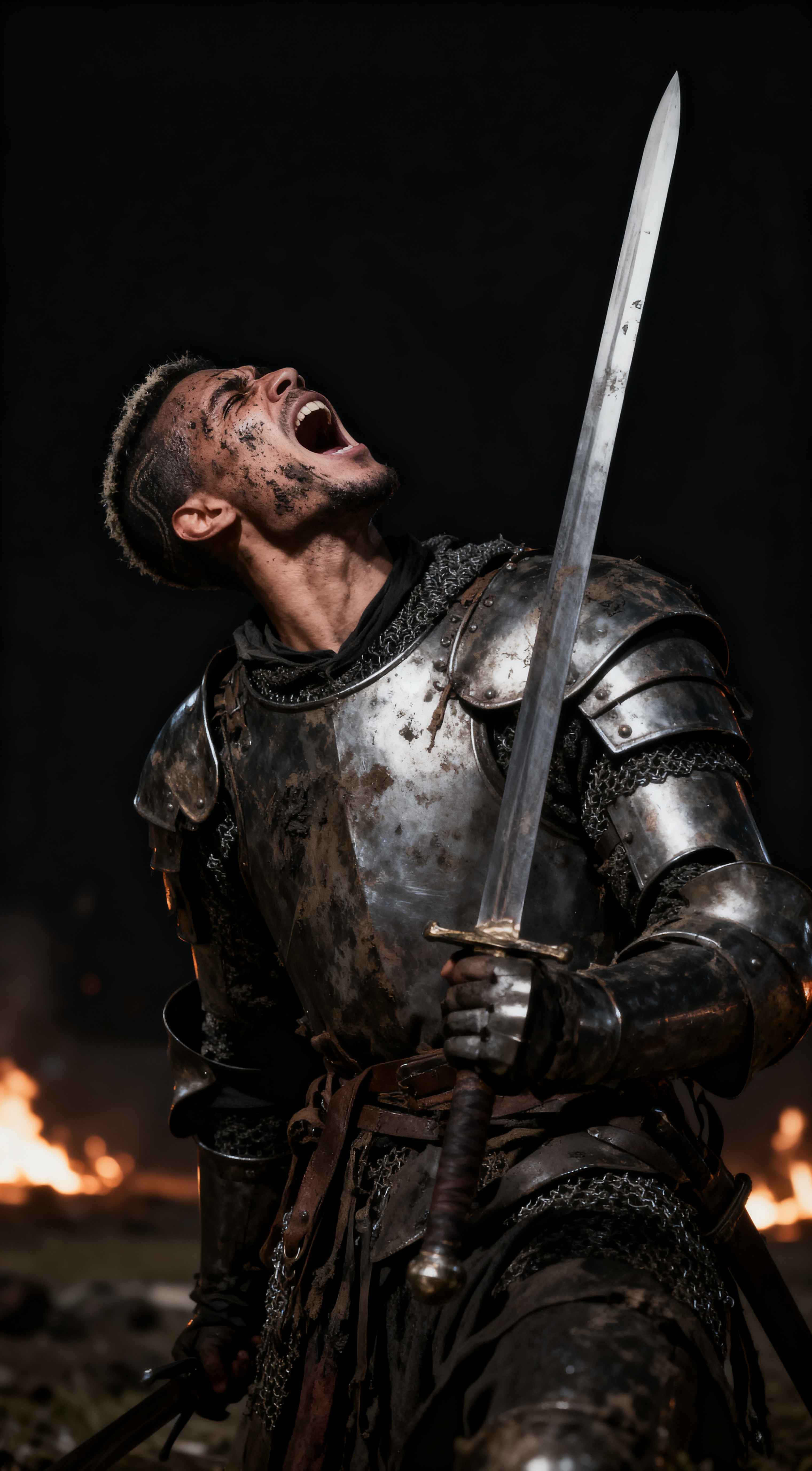 泥に汚れた銀色の甲冑を身にまとい、剣を手に天を仰いで叫ぶ騎士。背景には戦火の火の粉が舞う。