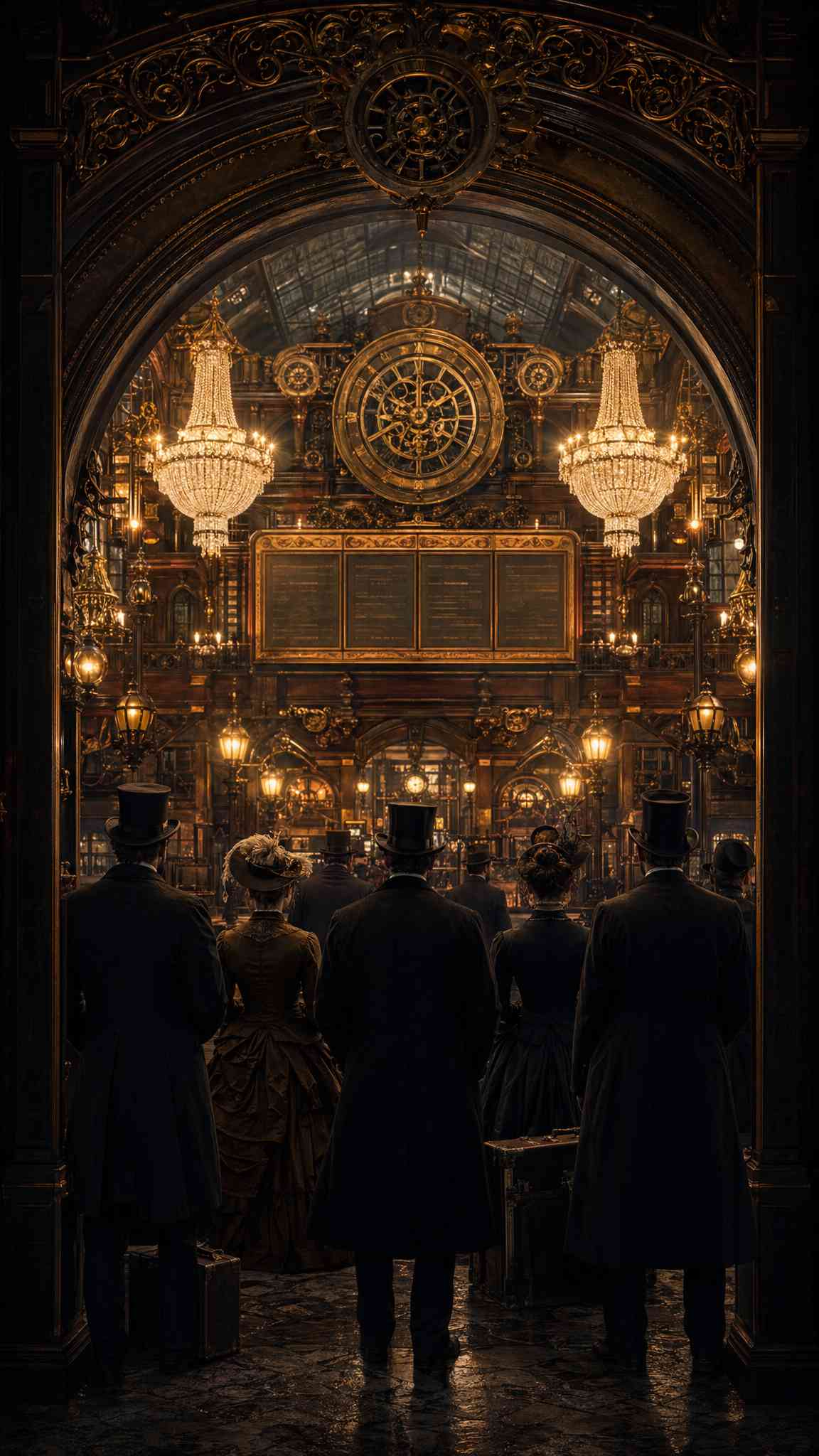 스팀펑크 그랜드 홀 및 화려한 시계 4K 배경화면