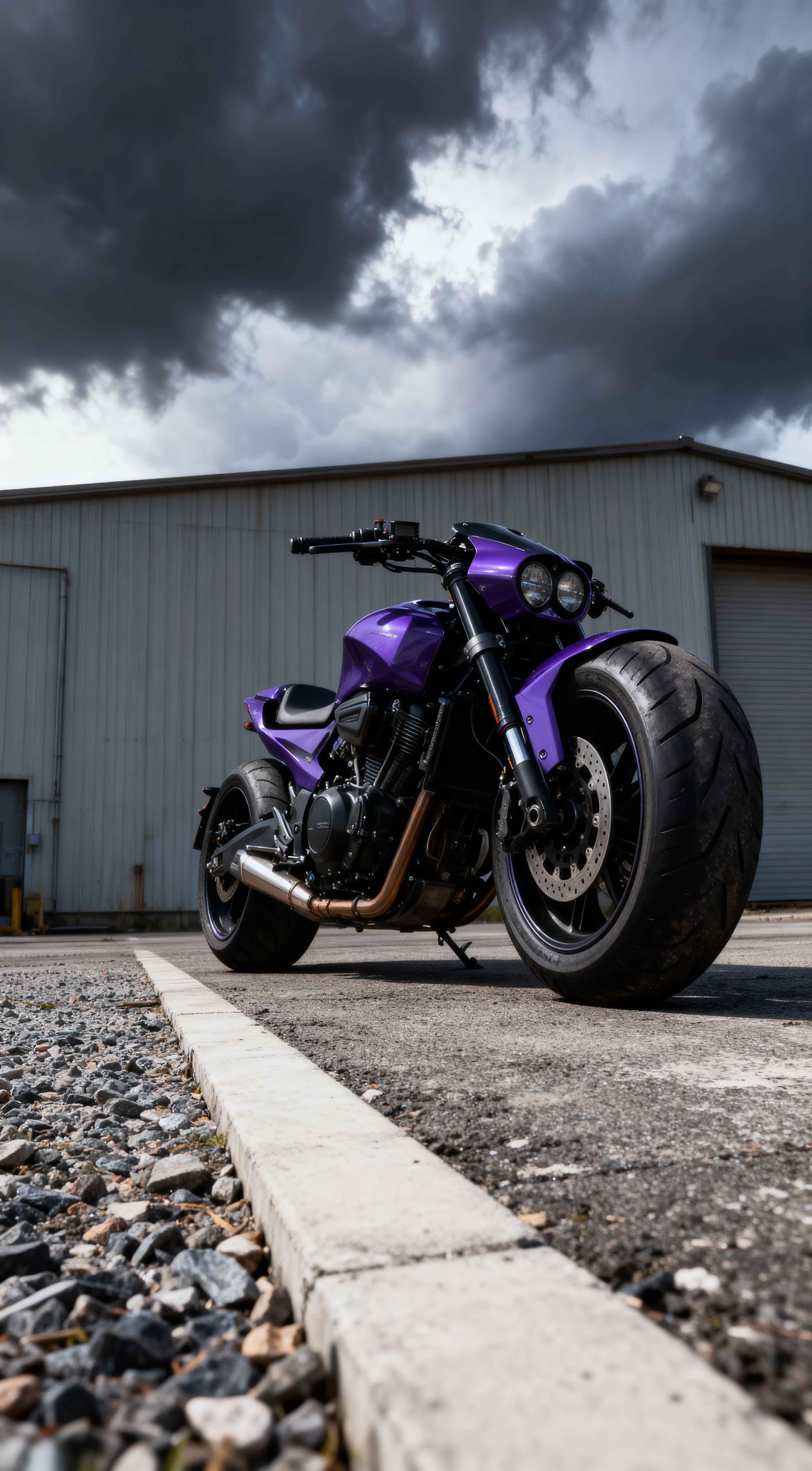 曇天の下、アスファルトの上に停車した紫色のメタリックなカスタムバイク。