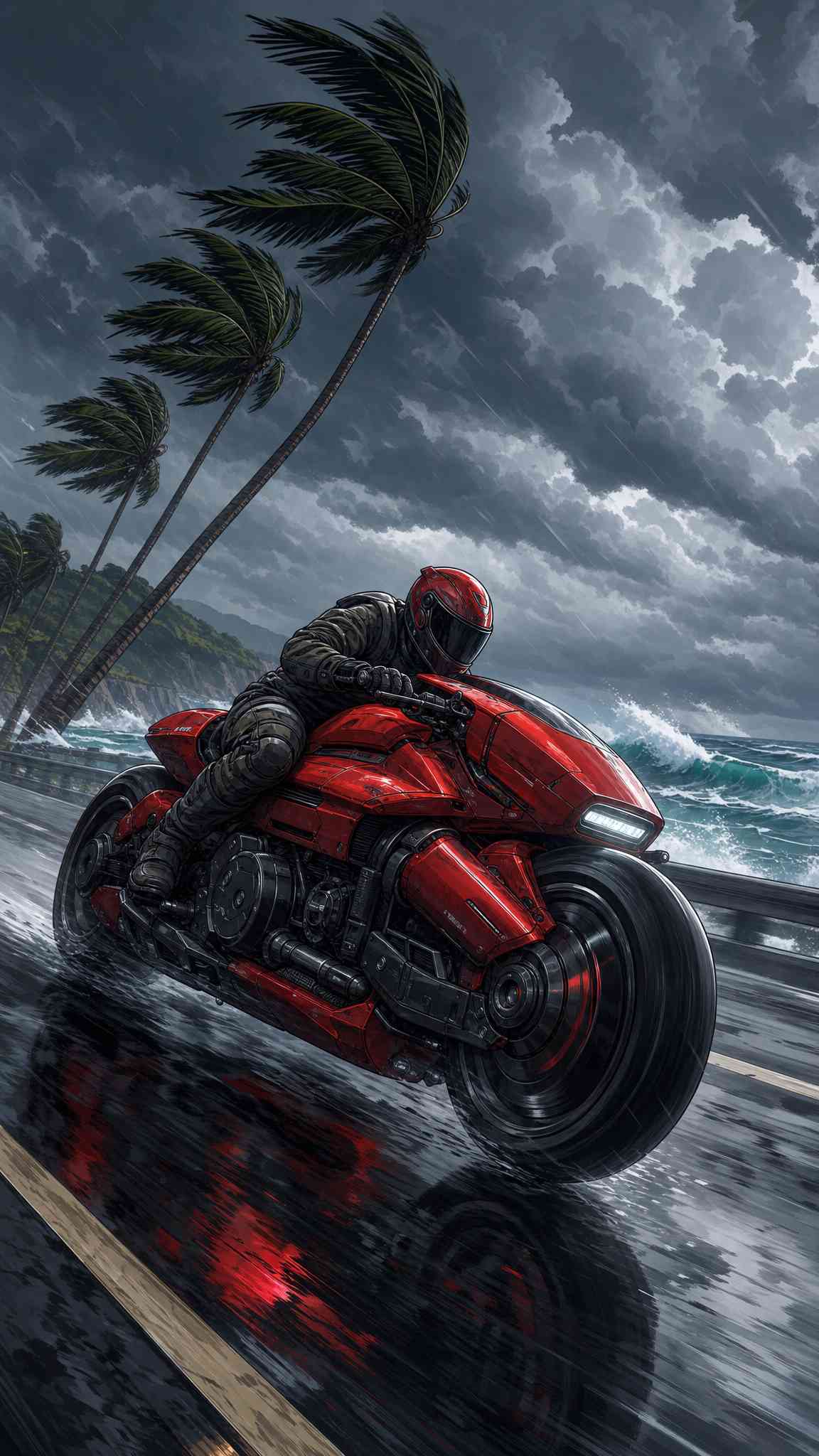 Red Futuristic Motorcycle Stormy Coast - 4K Wallpaper