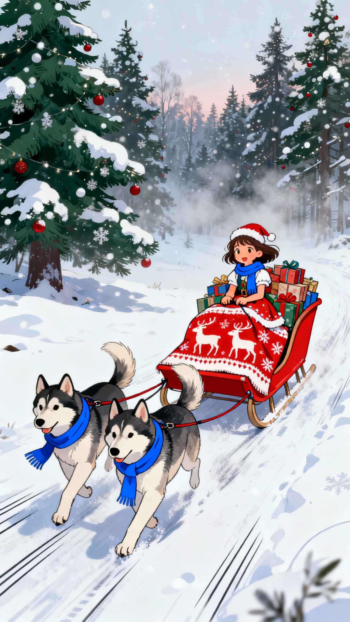 Weihnachts-Mädchen Husky Schlitten - 4K Wallpaper