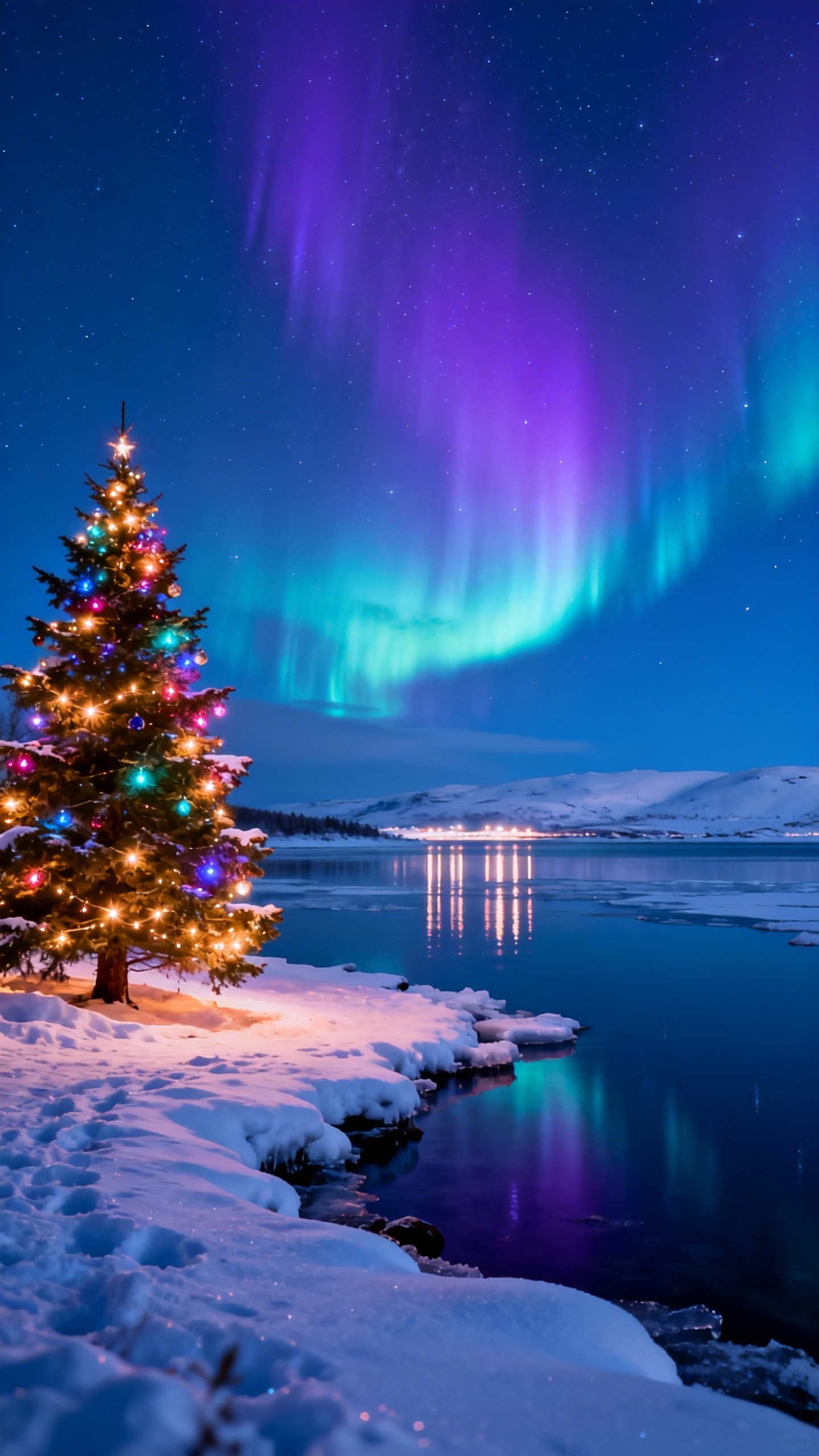 A brightly lit Christmas tree on a snowy lake shore under a vibrant purple and teal aurora borealis in a starry night sky.