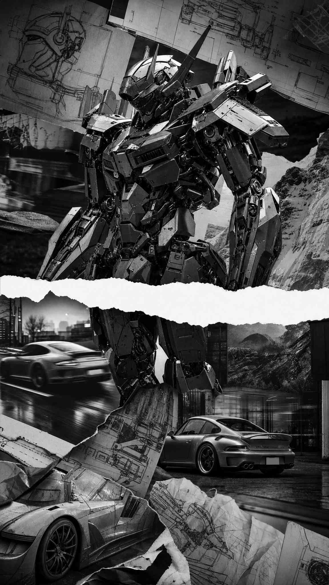 Mecha & Sports Car Collage - 4K Wallpaper
