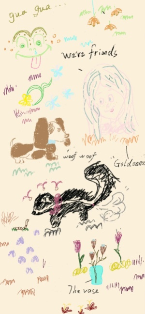 ベージュの背景に描かれた犬、カエル、スカンク、女の子の可愛いクレヨン画。手書きの文字入り。