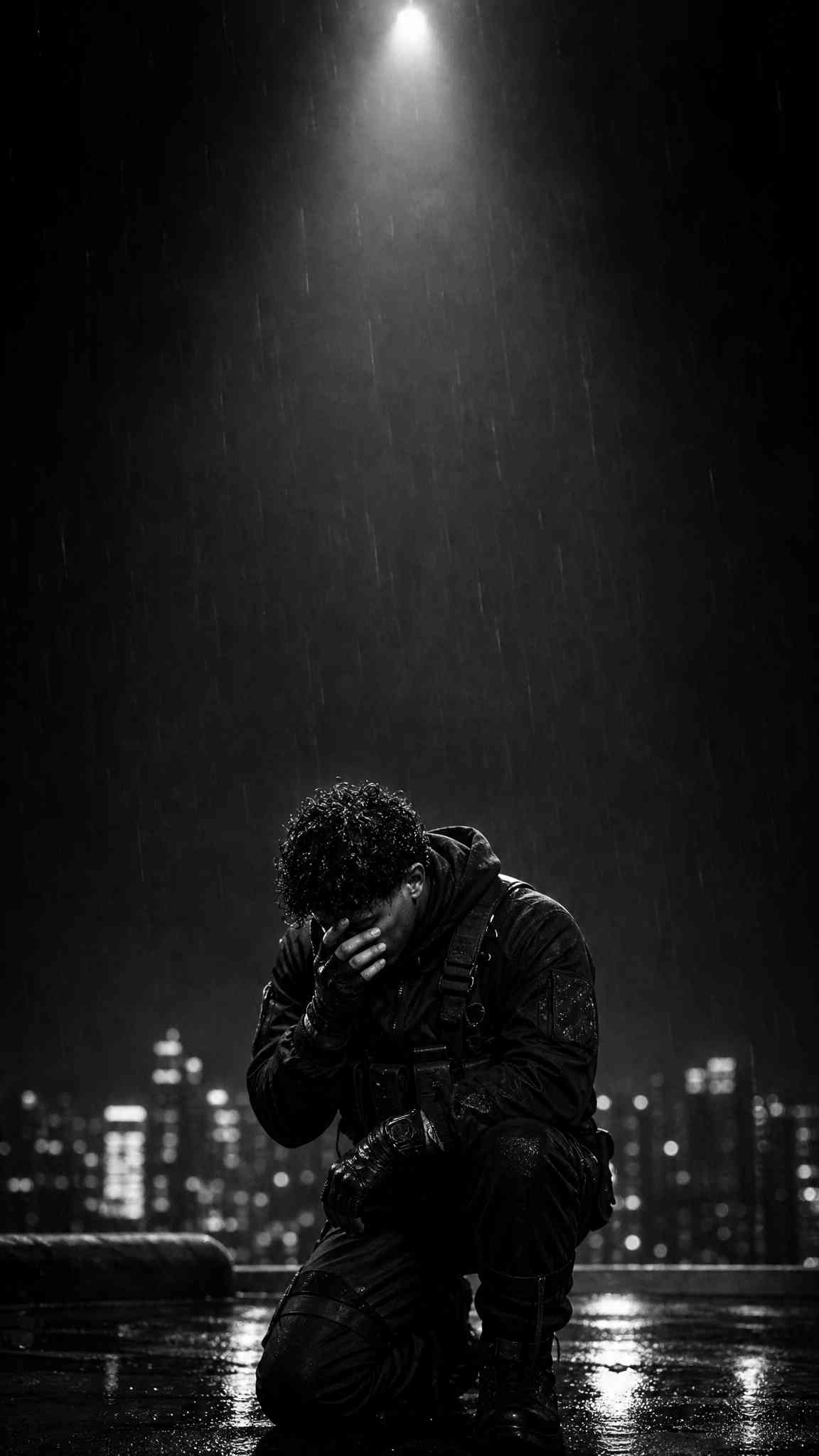 Man in Rain Tactical Monochrome - 4K Wallpaper