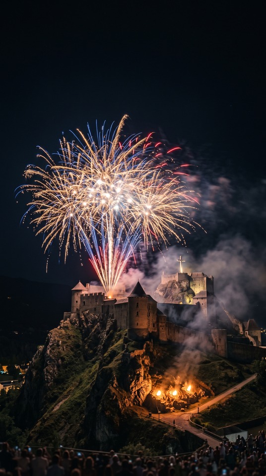14 juillet feux d artifice at Lourdes Castle - 4K Phone Background