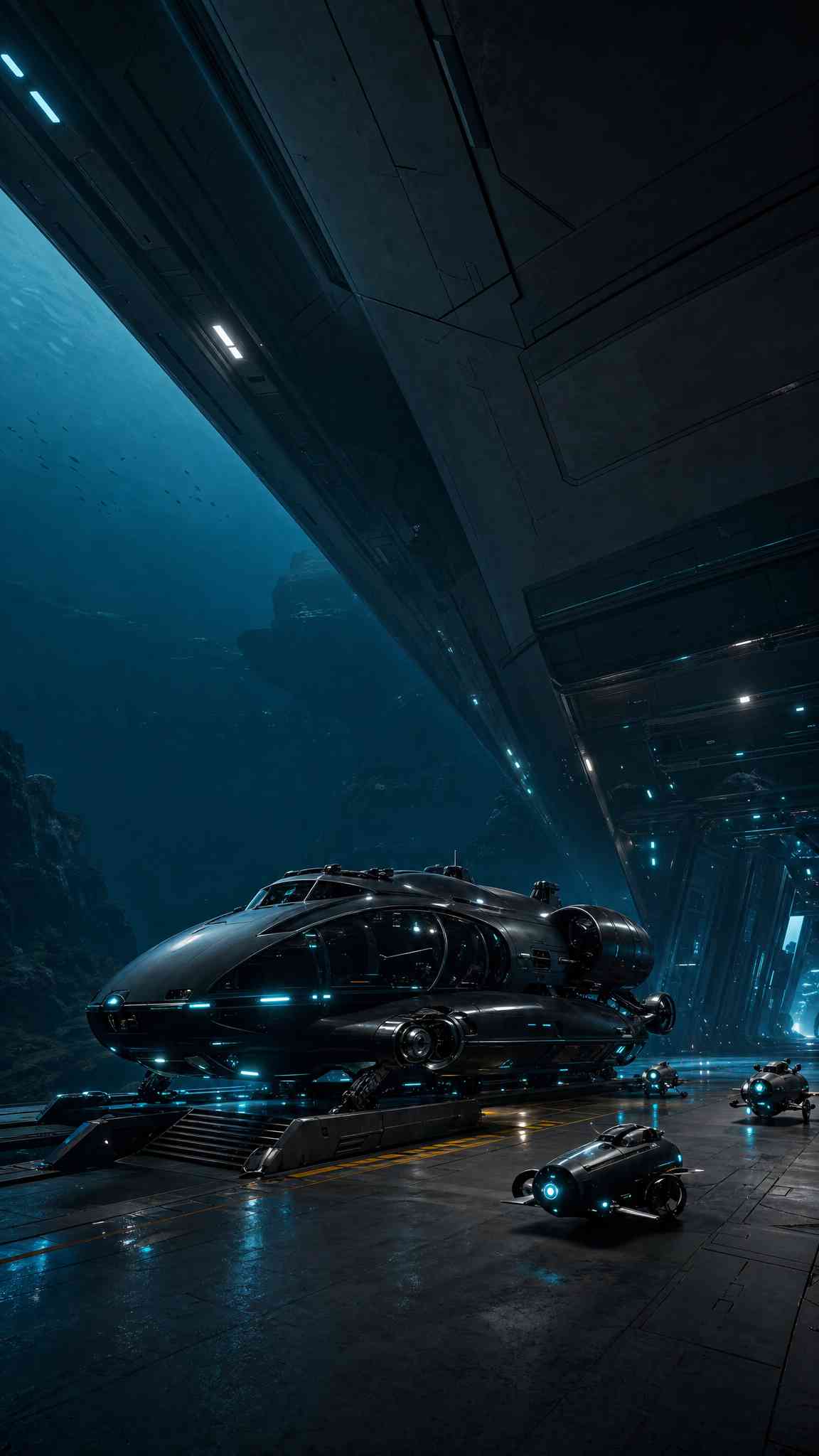 Futuristic Spaceship Hangar - 4K Phone Wallpaper
