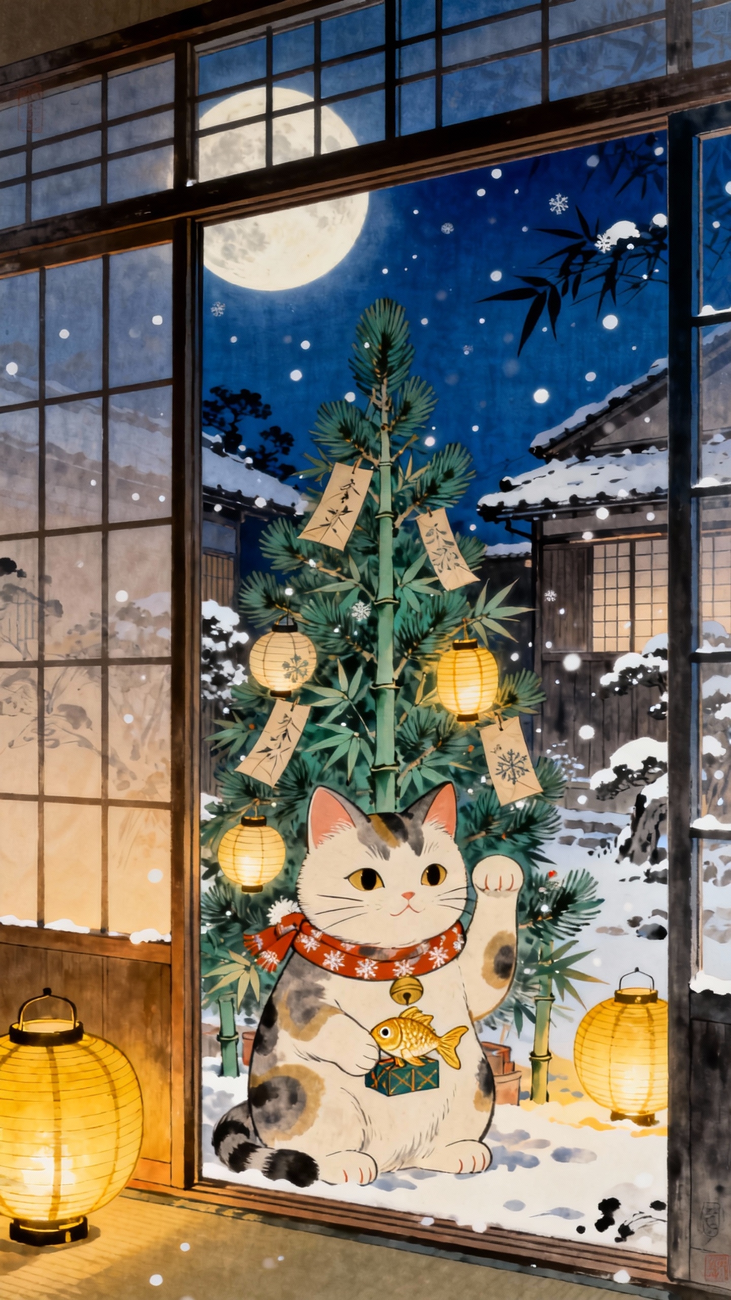 Maneki-neko Noche de Invierno - Fondos para Celular 4K