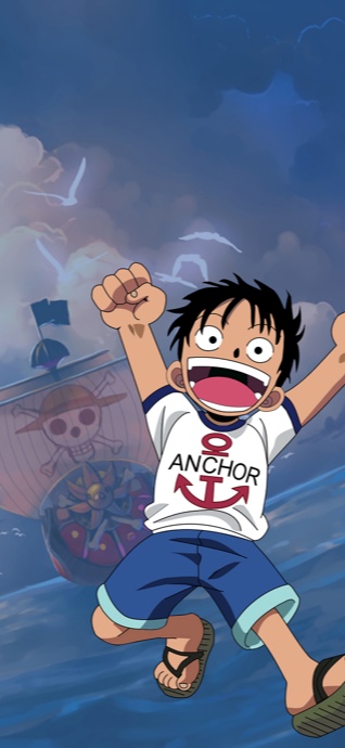 El pequeño Monkey D. Luffy saltando alegremente frente al barco Thousand Sunny en el mar.