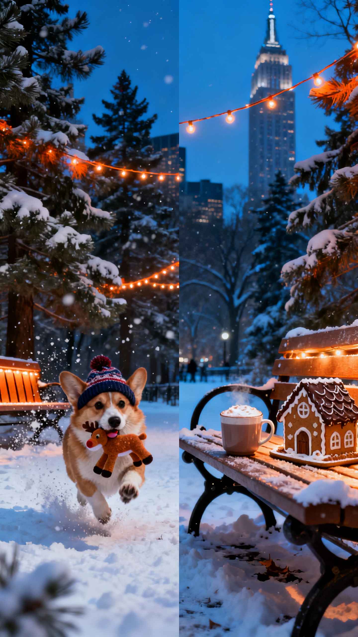 冬のニューヨークとコーギーのクリスマス - 4K壁紙