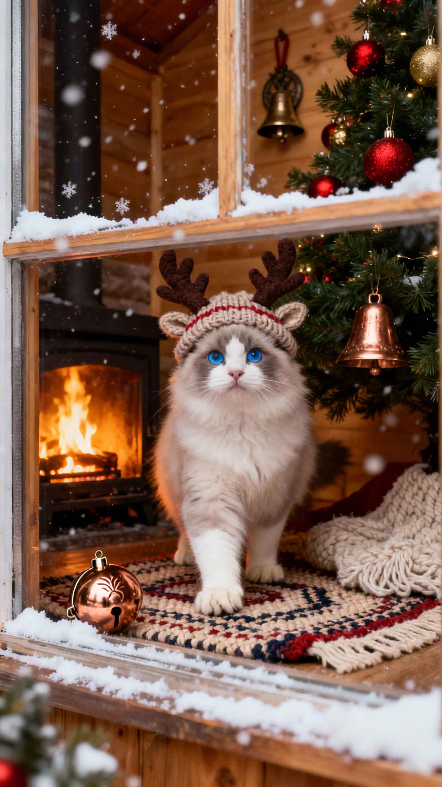 Christmas Ragdoll Cat in Reindeer Hat - 4K Wallpaper