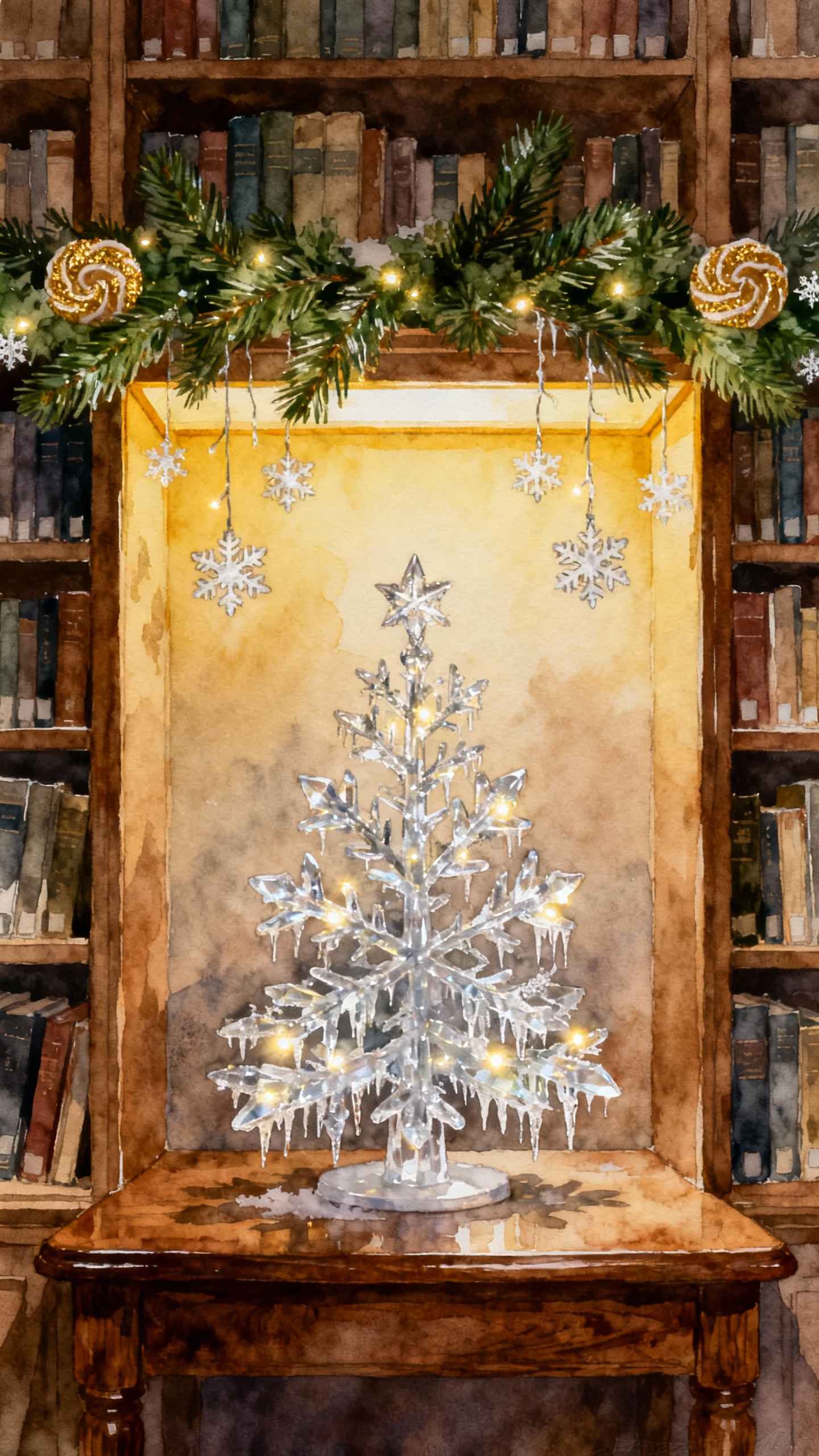 Árbol de Navidad de Cristal en Biblioteca - 4K Fondo