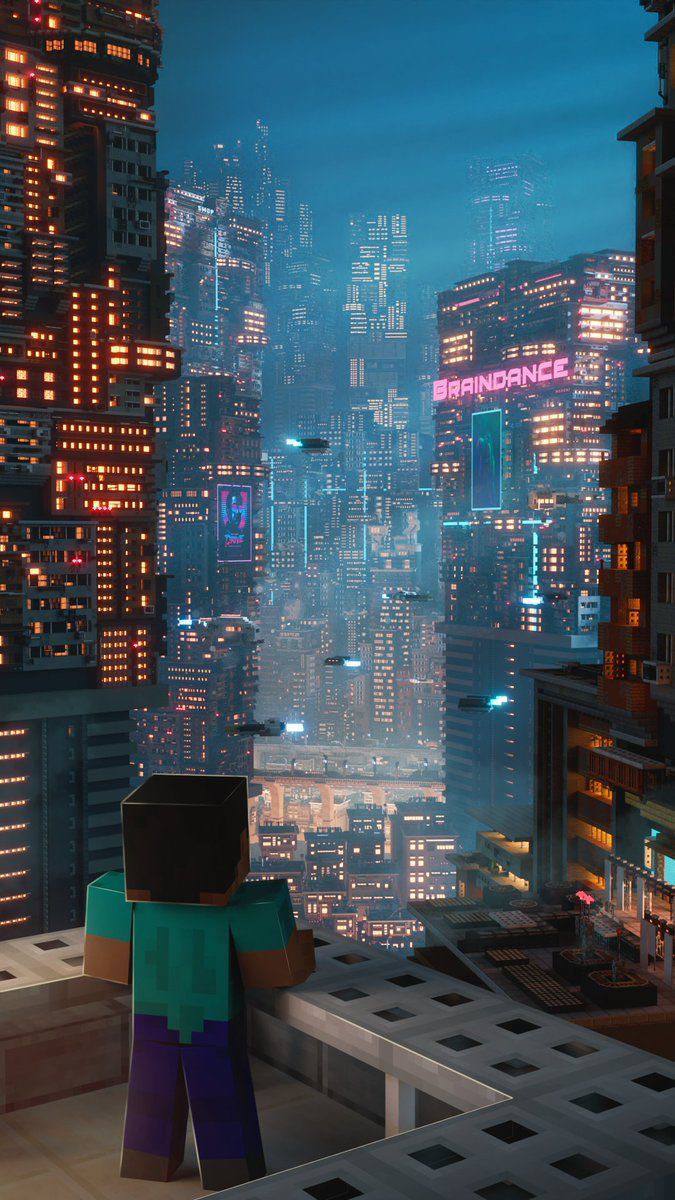 Minecraft Steve Ville Cyberpunk - Fond d'écran 4K
