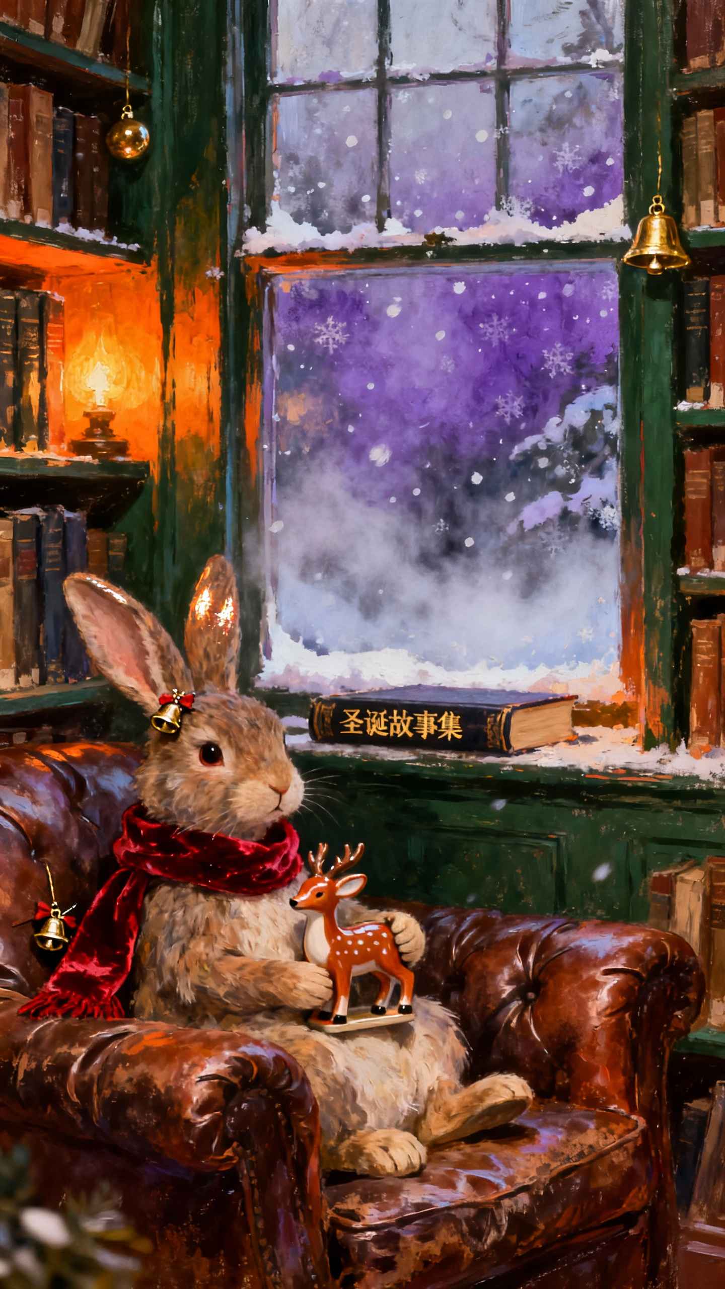Lapin de Noël et Bibliothèque - Fond d'écran 4K