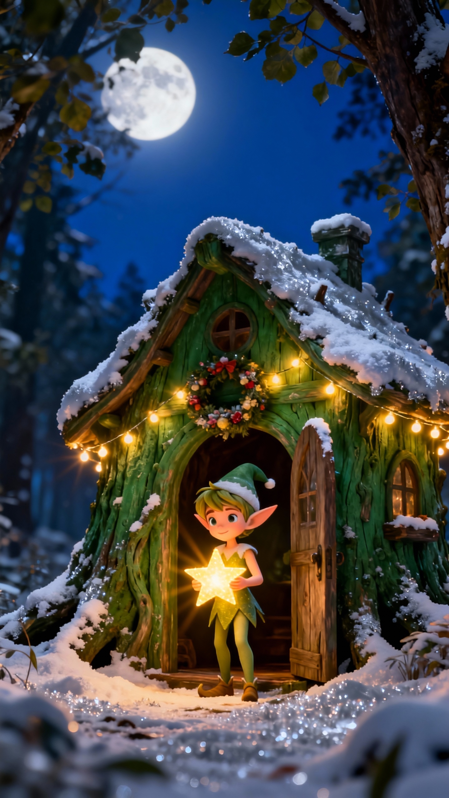 満月の夜、雪の積もった緑のログハウスの前で光り輝く星を持つクリスマスの妖精。