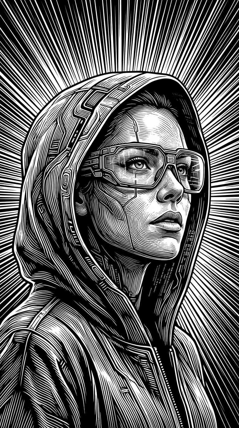 Cyberpunk Woman Woodcut - 4K Wallpaper