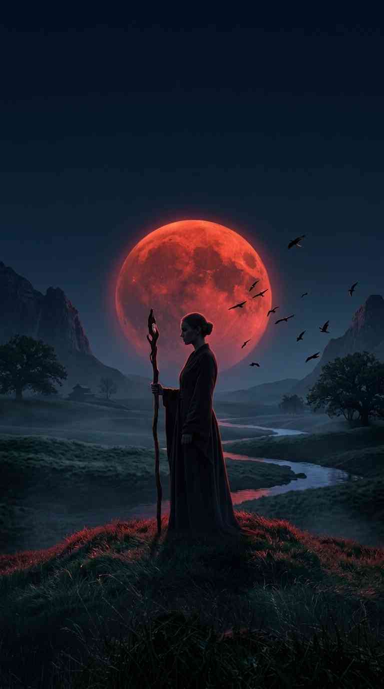 Blutmond Zauberin - 4K Hintergrundbild
