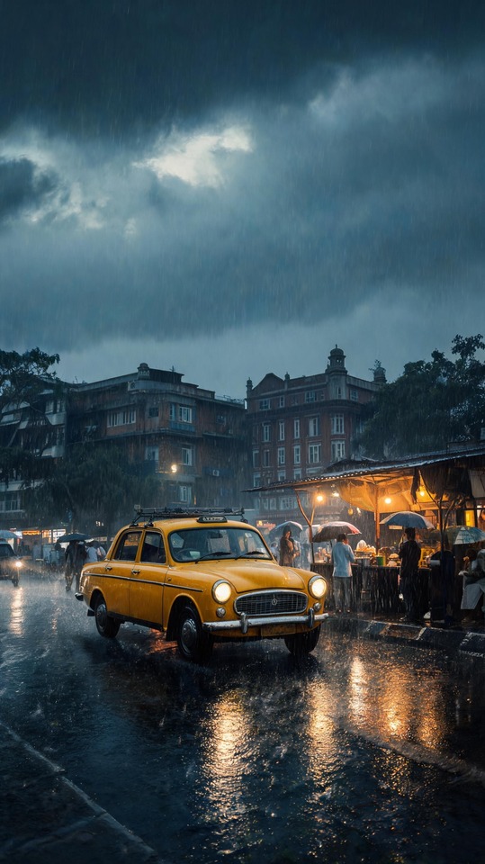 Weather Kolkata Cinematic Rain Yellow Taxi - 4K Wallpaper