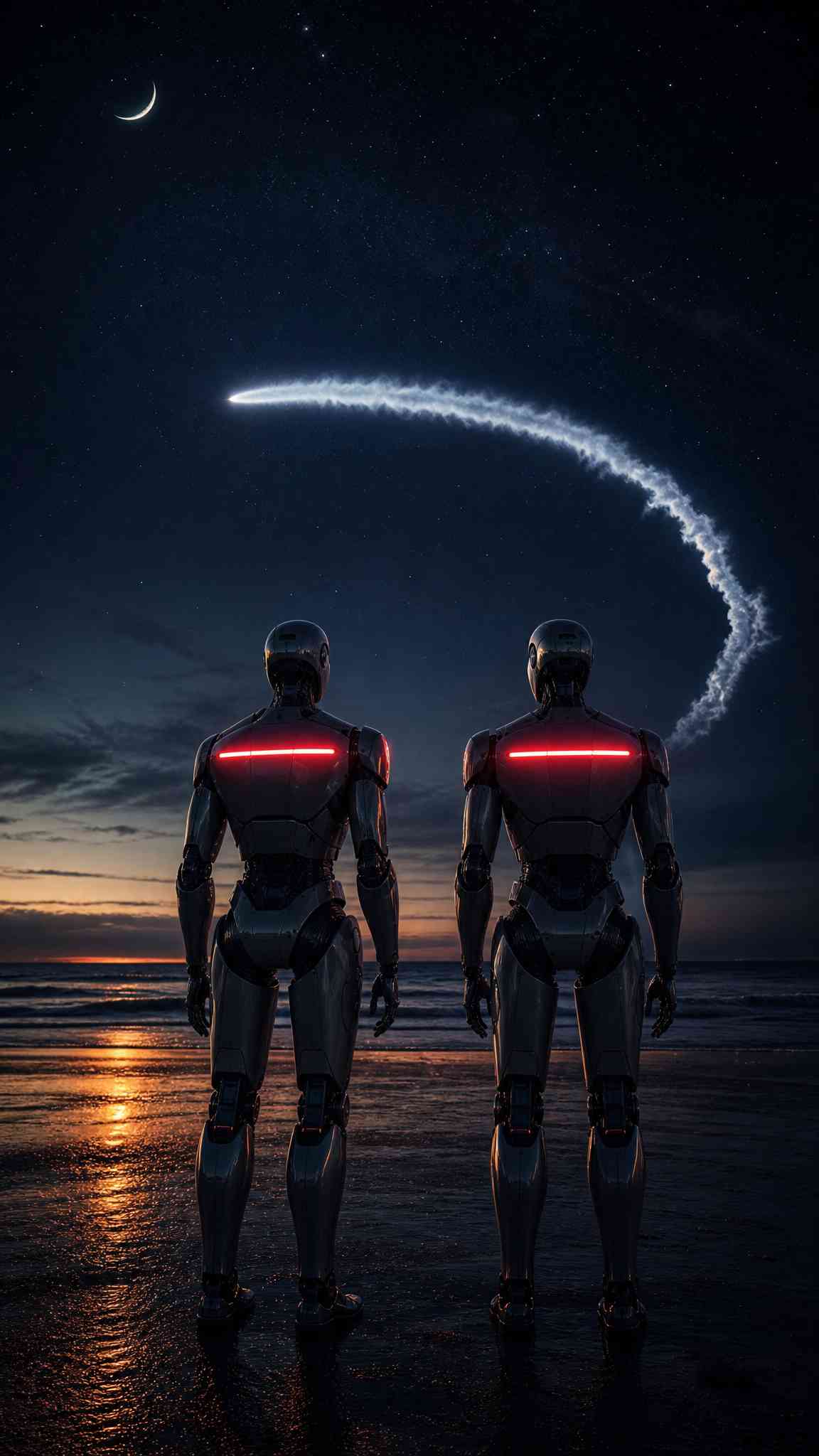 Robots Beach Night Sky - 4K Wallpaper