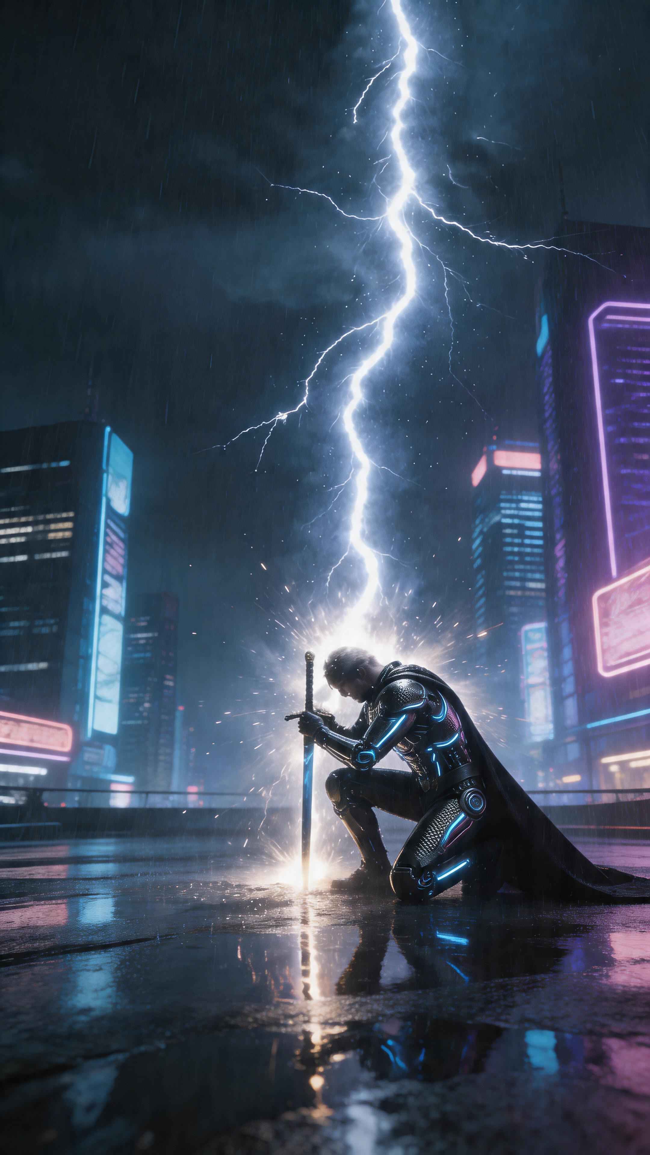 Cyberpunk Knight Lightning Sword - 4K Background