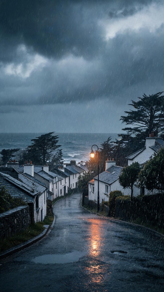 Lluvia - Cinematic Rain Coastal Village 4K Wallpaper