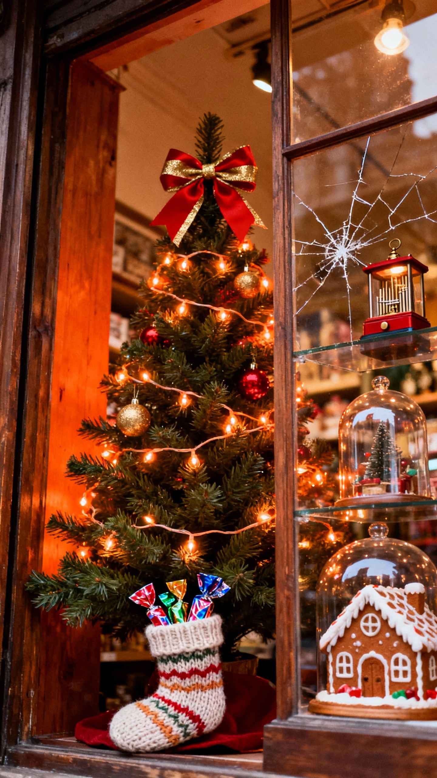 빨간 리본이 달린 크리스마스 트리와 진저브레드 하우스가 있는 따뜻하고 아늑한 분위기의 상점 유리창 풍경.