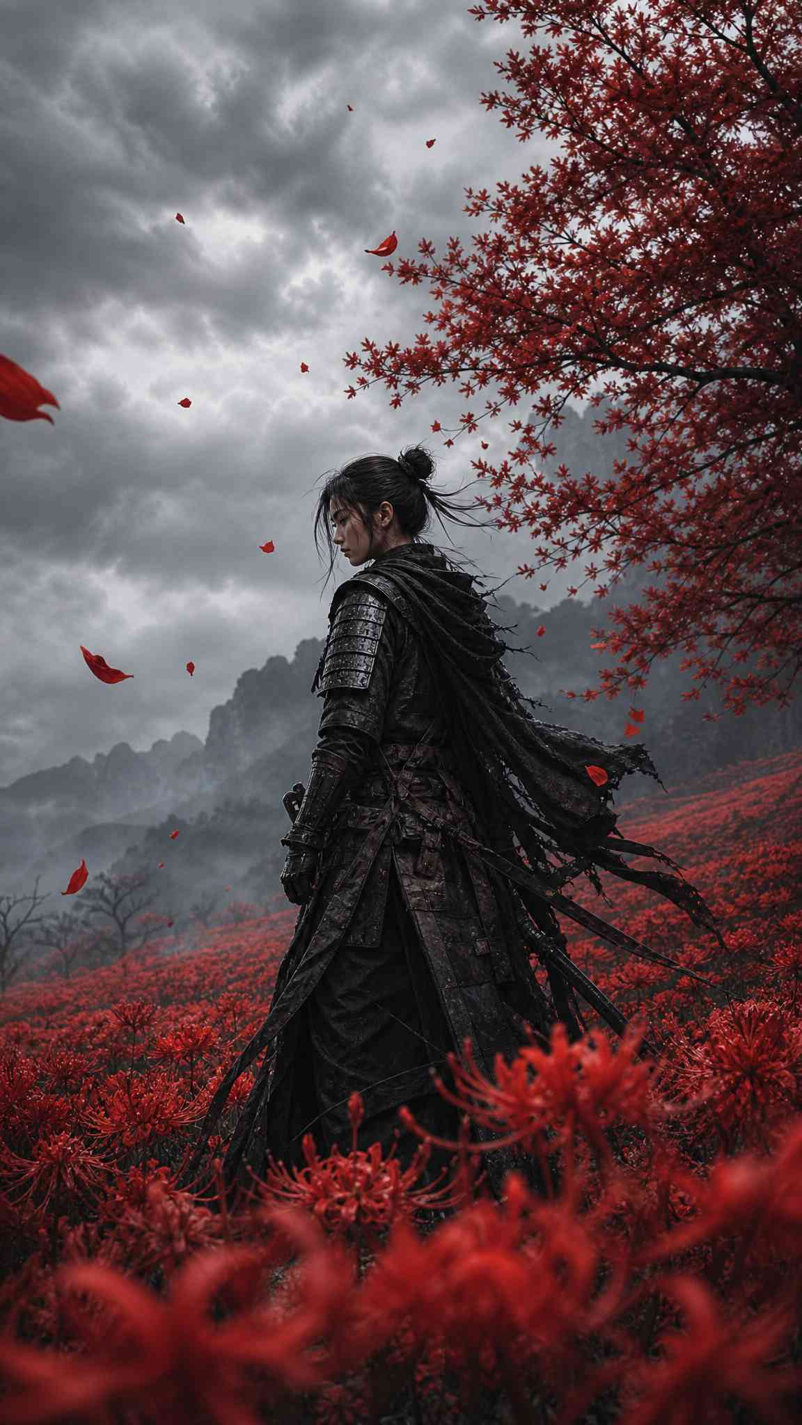 Samurai & Red Spider Lilies: Epic 4K Mobile Wallpaper