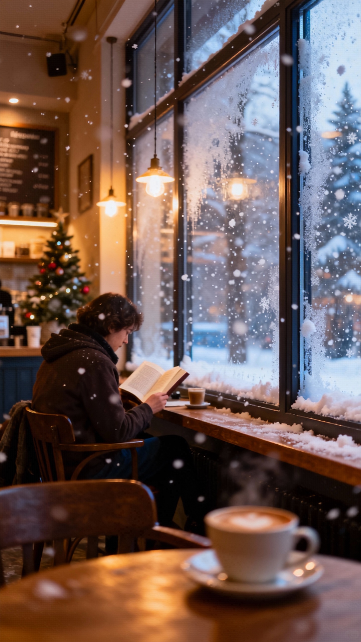 Winterliches Café Lesen - 4K Hintergrundbild