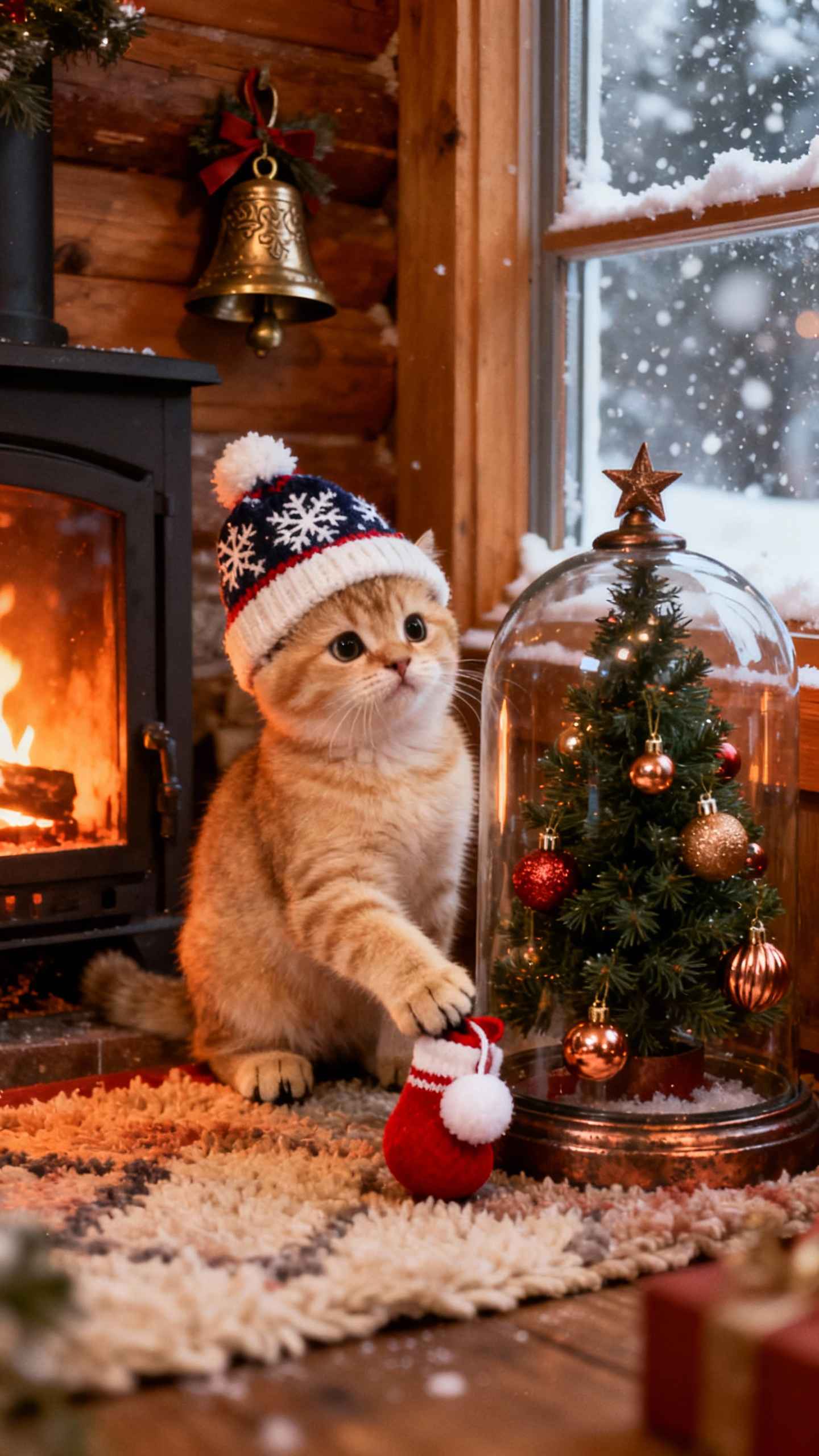 Christmas Kitten in Winter Hat - 4K Wallpaper