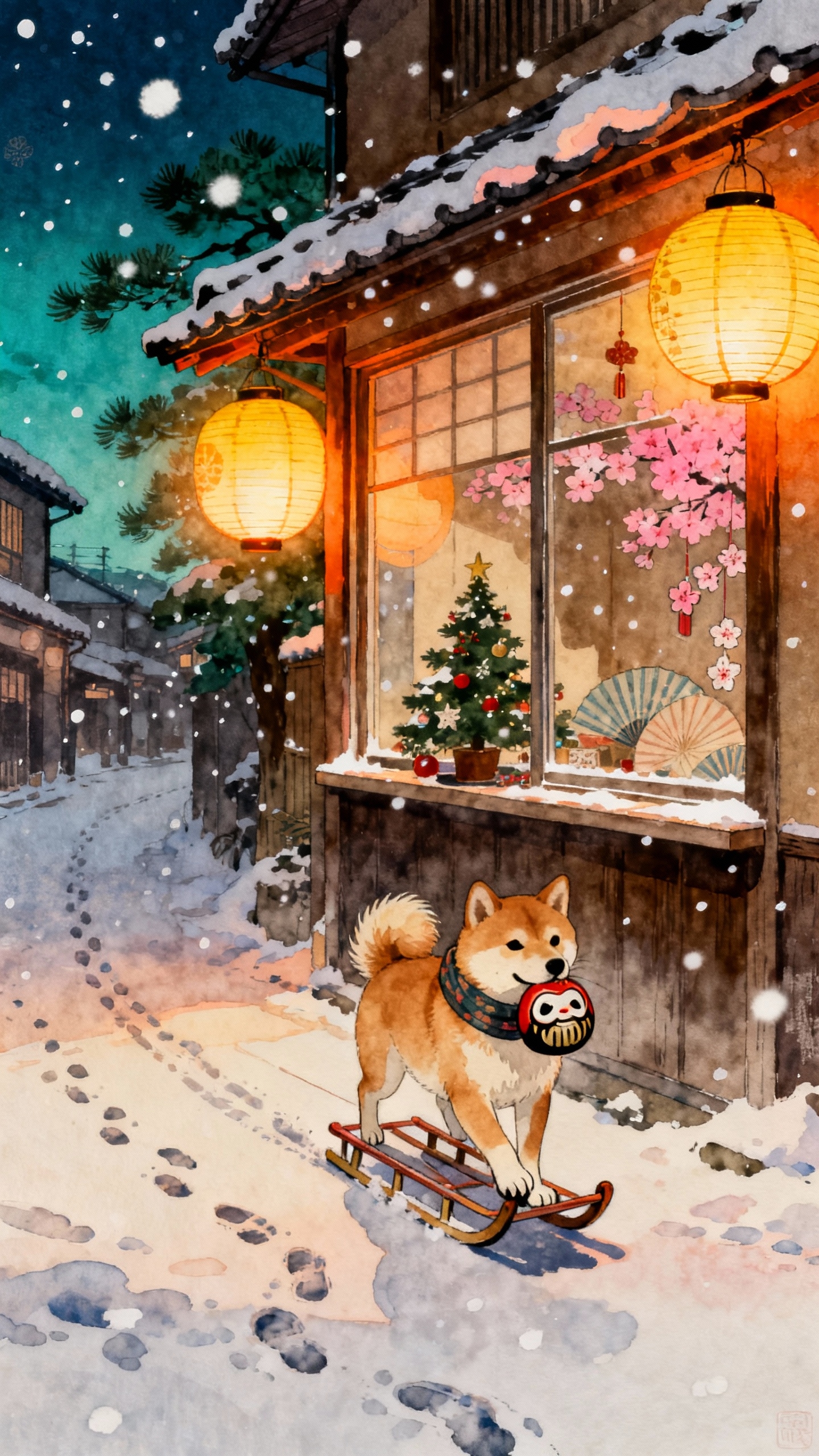 冬の柴犬と達磨 - 4K高画質壁紙・待ち受け