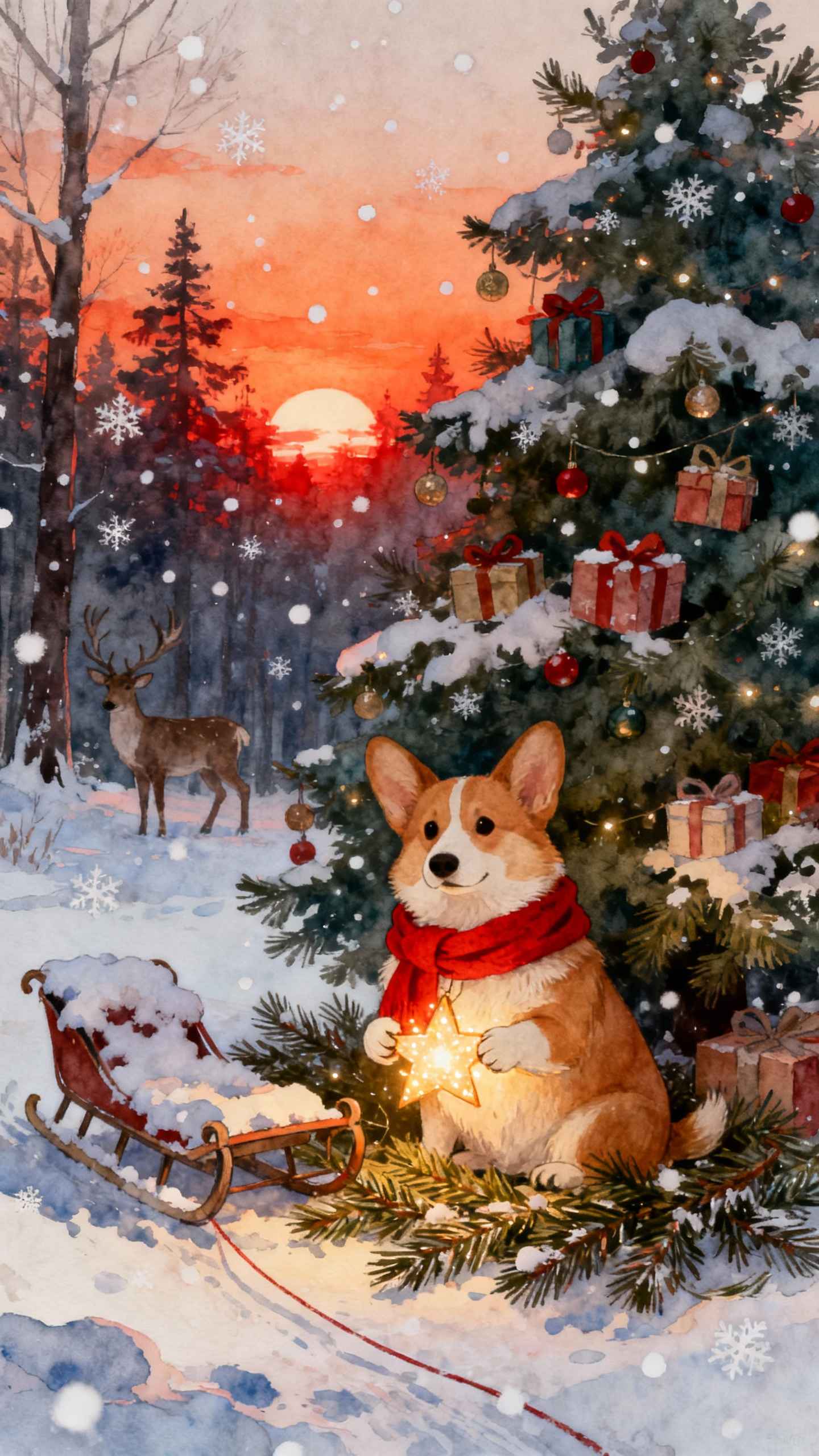 Corgi de Noël Aquarelle - Fond d'écran 4K