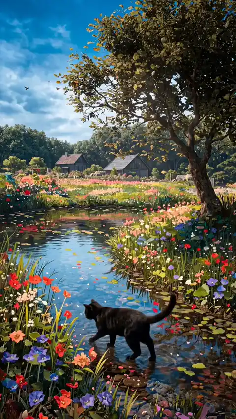 Whimsical Black Cat Garden - Live Wallpaper