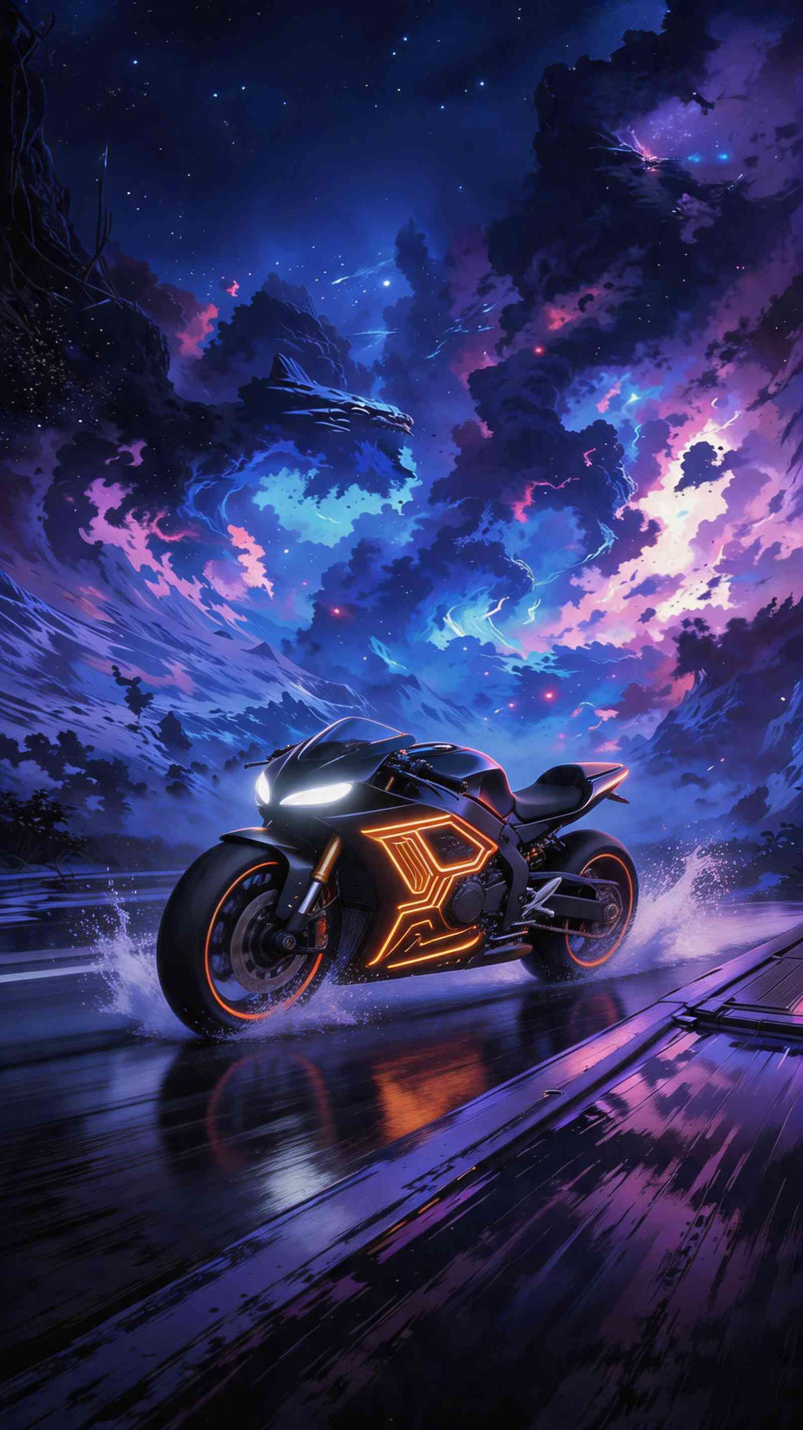 Cyberpunk Neon Superbike Night Sky - 4K Wallpaper