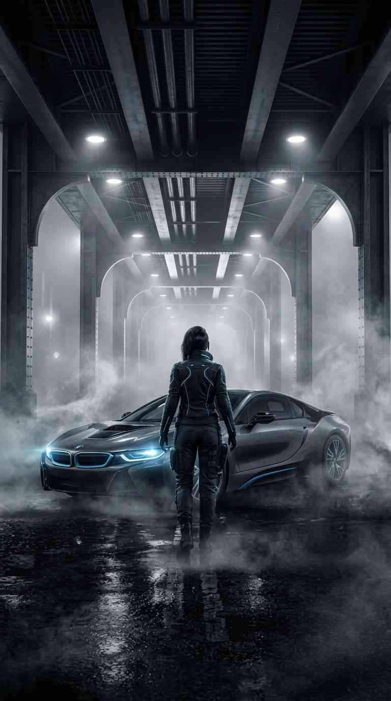 Cyberpunk Frau mit futuristischem Auto - 4K Wallpaper